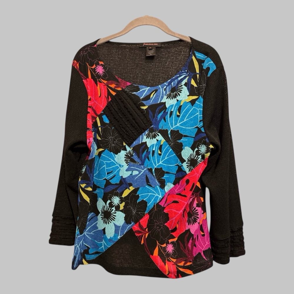 Francesca Rose black Long‎ Sleeve Top Shirt Tropical Patchwork Artsy Y2K Size XL